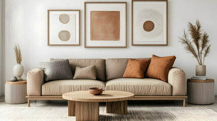 Serene living room showcasing minimalist decor with earth-toned artwork and furniture