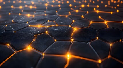 Obraz premium Abstract dark hexagonal grid pattern with glowing orange nodes, perfect for technology backgrounds and futuristic designs.