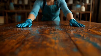 Woman cleaning wooden table
