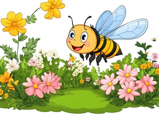 A happy cartoon bee joyfully flies above colorful flowers and lush green plants in a vibrant garden scene.