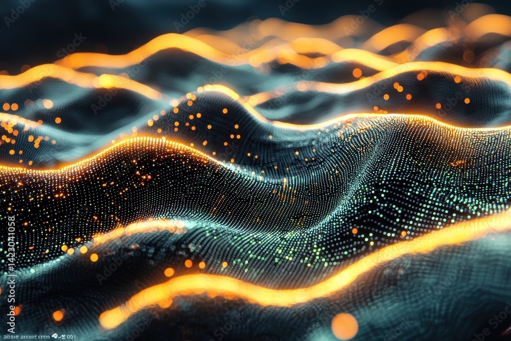 Poster abstract futuristic background with glowing dots and dynamic orange wave patterns