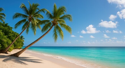 Tropical beach with coconut palm trees, summer holidays
