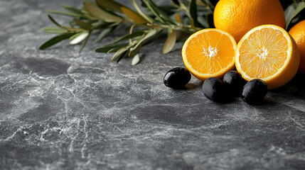 Vibrant Still Life: Juicy Lemons and Olives on a Dark Background &ndash; Highlighting Bold Color Contrast, Textural Details, and Artistic Composition for Culinary Photography, Kitchen Design, or Gourmet 