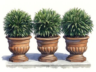 Three potted plants on a ledge
