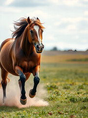Obraz premium Close-up of a horse galloping through an open field, dust kicking up in the air with a wide open background for text.