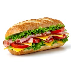 A delicious ham and cheese sub sandwich isolated on a clean white background