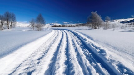 Obraz premium Pristine snow-covered winter landscape with a track
