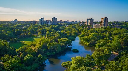 Obraz premium Urban Serenity: A Green Oasis with River Flowing Amidst the Cityscape