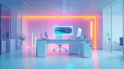 Futuristic workspace with neon lights and holographic screens in a sleek office design