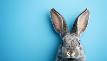 Obraz premium Cute gray rabbit ears on a blue background, space for text