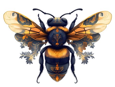 A stunning ornate bumble bee with gold and dark blue patterned wings and body against a white background.