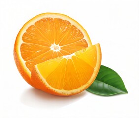 Fototapeta premium Freshly sliced orange beside whole fruit with tender stem and juicy yellow orange flesh close up view