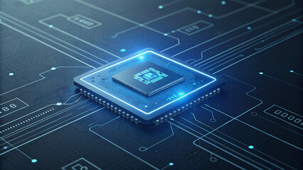 Glowing AI chip on a complex circuit board.