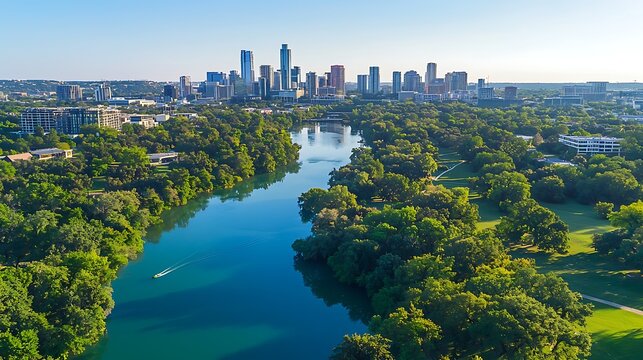 Panoramic cityscape view of Austin with Colorado River and lush green trees