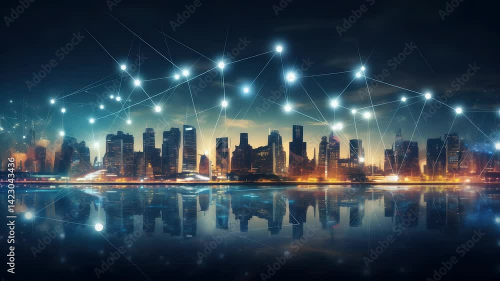Poster big data connection technology. cityscape telecommunication and communication network concept. smart