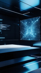 Futuristic workspace with holographic display and ambient lighting