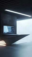 Minimalistic futuristic workspace with a floating holographic screen