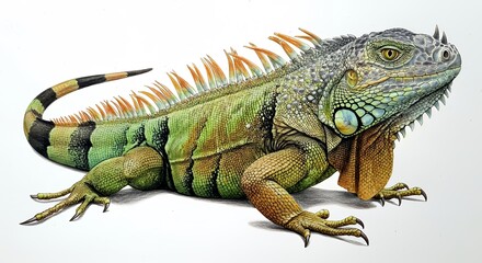Fototapeta premium Green iguana detailed illustration vibrant scales reptile wildlife exotic pet animal