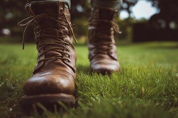 A pair of clean boots stepping onto healthy green grass with background blurred