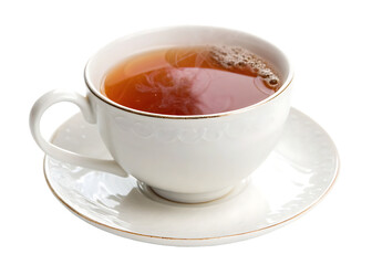 Hot tea in white cup and saucer isolated on a white background ai png