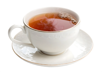 Hot tea in white cup and saucer isolated on a white background ai png