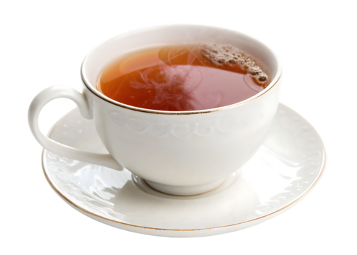 Hot tea in white cup and saucer isolated on a white background ai png
