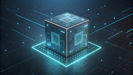 A vibrant blue cube illuminates a dark, interconnected digital world. Concept Advanced Computing.

