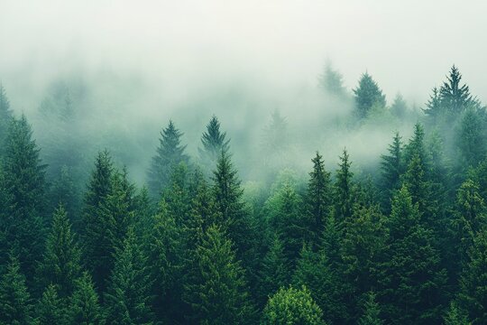 Forest in Fog - Evergreen Trees and Mist