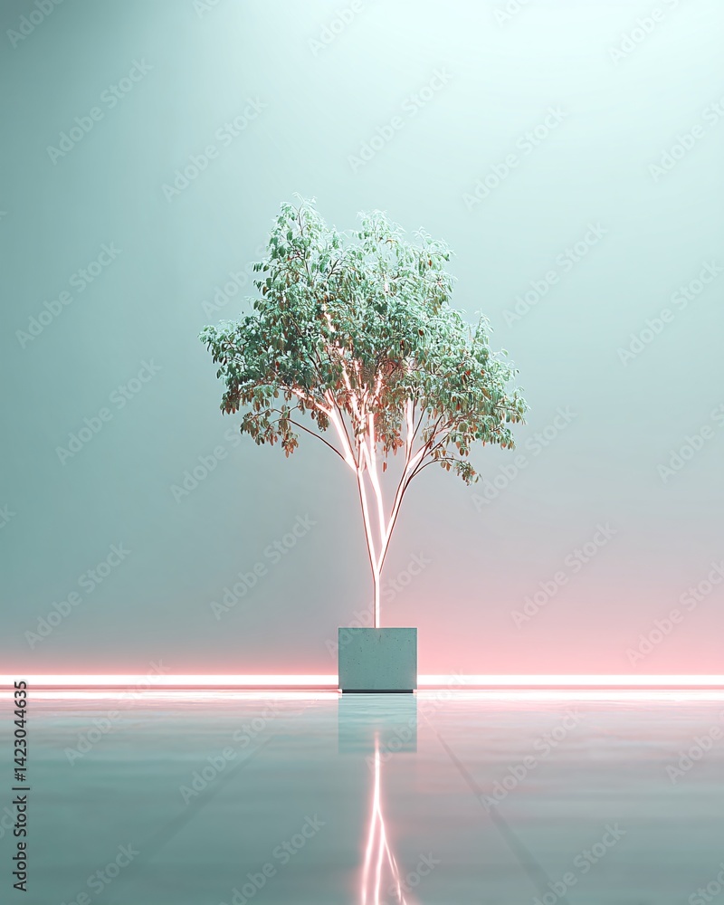Poster a hyper-realistic tree with glowing circuit-like branches, deep green leaves pulsing with digital en