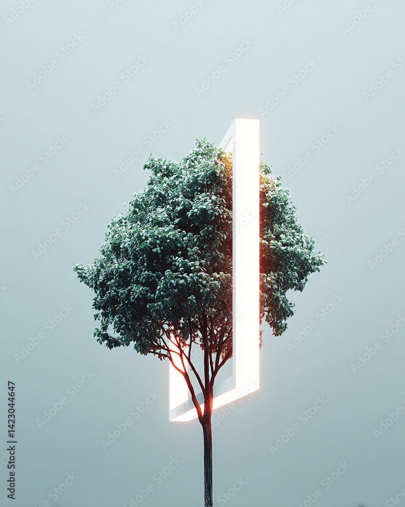 Aufkleber a hyper-realistic tree with glowing circuit-like branches, deep green leaves pulsing with digital en
