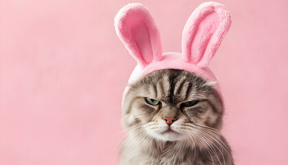 Portrait of a disgruntled cat with rabbit ears on a pink background. Easter concept