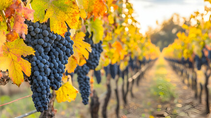 Lush vineyard panorama with ripe grapes and vibrant autumnal foliage