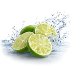 A vibrant image of fresh lime slices with a dynamic water splash, isolated on a clean white background