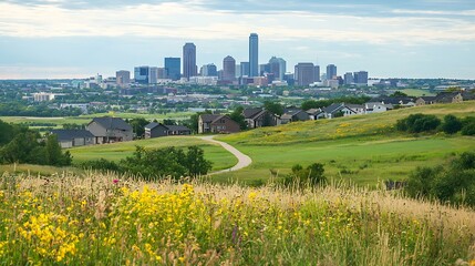 Fototapeta premium Scenic Skyline Vista: Urban Landscape Meets Natural Meadows and Wildflowers