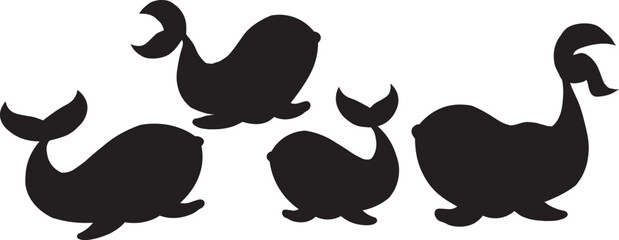 Cute Cartoon Whale silhouette set – Adorable Sea Animal Clipart in black Colors for Kids’ Designs, Ocean-Themed Decor, Stickers, Educational Materials, Crafts, and Baby Shower Graphics