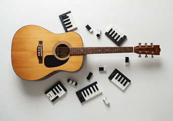 Broken Acoustic Guitar with Scattered Piano Keys