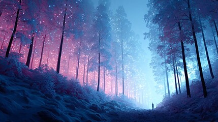 A luminous night forest with glowing digital constellations woven into the trees, AI-enhanced flora adapting to its surroundings, high-definition fantasy realism, cinematic ambiance