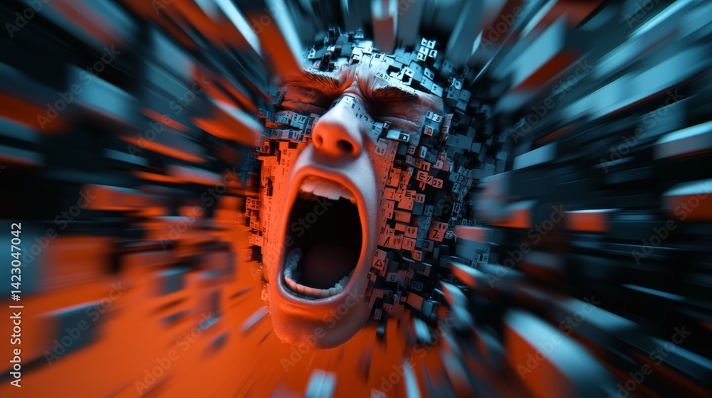 Poster expression of despair in a digital realm with fragmented data and distorted facial features