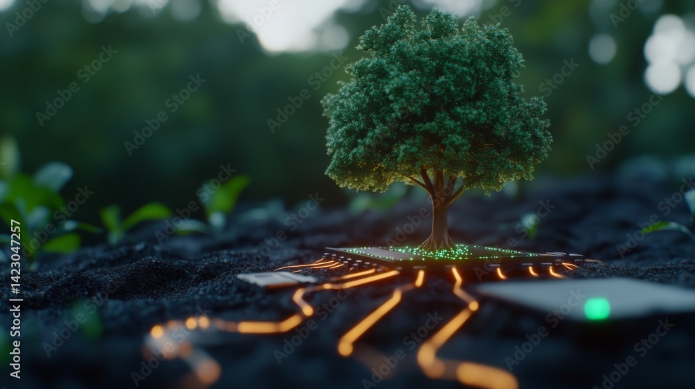 Poster tree growing from circuit board on soil with glowing roots in a serene outdoor setting at dusk