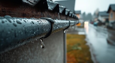 Fototapeta premium Close-Up of New Gray Rain Gutter and Downspout on House Roof – Spring Rainwater Management and Collection System
