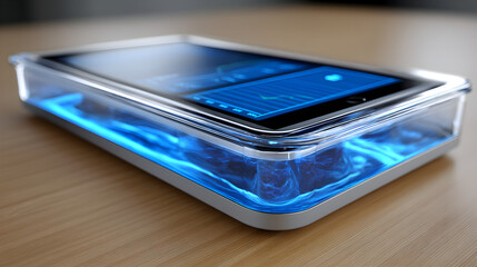 Holographic digital display showing real-time data analytics in a futuristic office.

