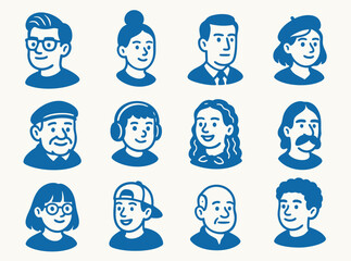 Hand-Drawn Blue Portrait Icons – Rustic Flat Character Set