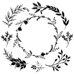 Elegant Botanical Silhouettes: Exquisite collection of hand-drawn botanical illustrations in elegant black and white, perfect for adding a touch of natural beauty to any design.