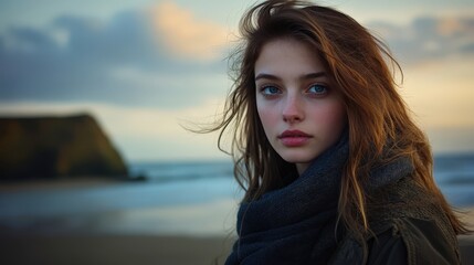 Fototapeta premium A Young Woman Standing by the Sea with a Beautiful Natural Background