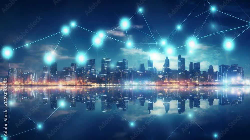 Poster big data connection technology. cityscape telecommunication and communication network concept. smart