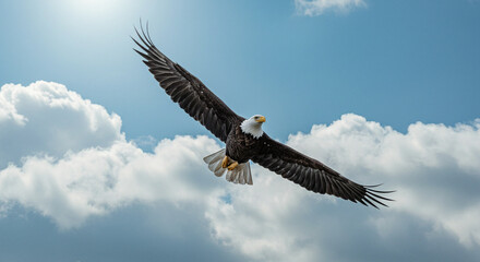 Naklejka premium Eagle Flying in Blue Sky with White Clouds Spread Wings
