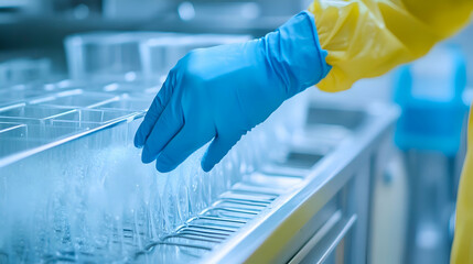 Gloved hand inspecting sterile containers in a modern laboratory setting
