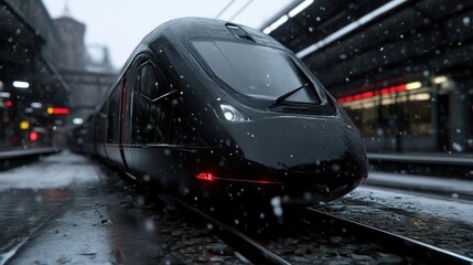 Fototapeta premium Modern train glides through snowy station in urban setting. Dark, sleek train with wet, dark exterior, moving through a snowy, urban railway station. Snowy,