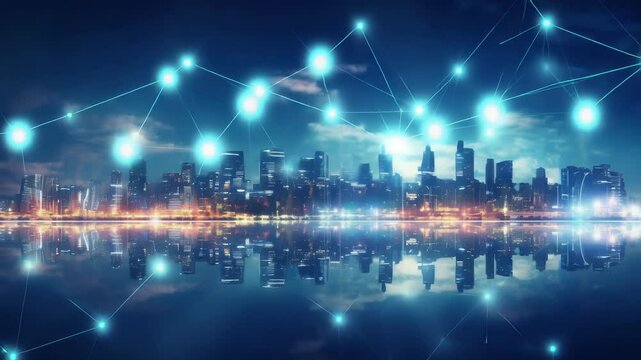 Big data connection technology. Cityscape telecommunication and communication network concept. Smart city and digital transformation.