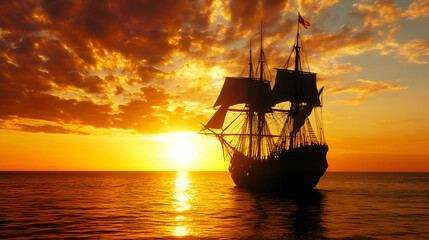 Majestic Ship Silhouetted Against a Stunning Golden Sunset over Open Sea